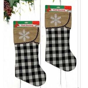 Christmas Stockings Buffalo Plaid Check Black White Burlap Set of 2
